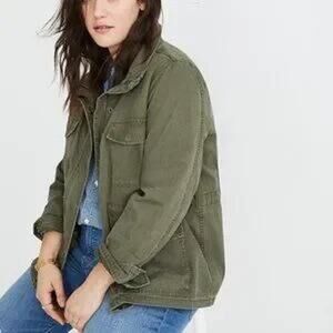 Express Olive Green Utility Jacket Drawstring‎ Waist Button Front -Size Large